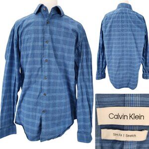Calvin Klein Mens XL Slim Fit Stretch Blue Plaid Long Sleeve Button Up Shirt